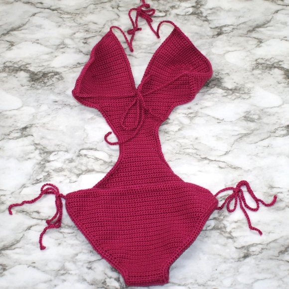 HAND CRAFTED Swimsuit Crochet Monokini Low Cut Boho Magenta Hot Pink Medium - Picture 6 of 13